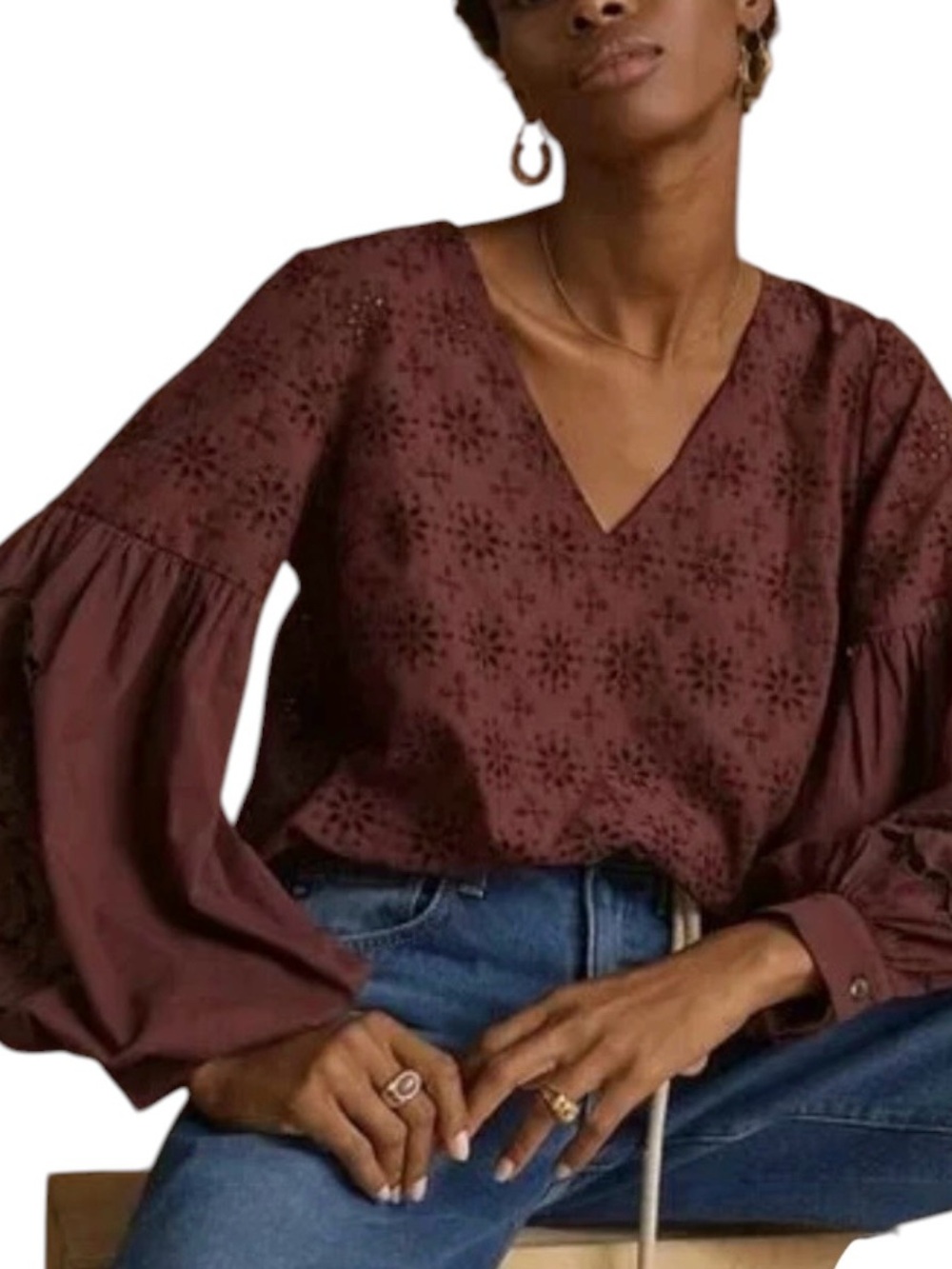 Anthropologie Tunic Eyelet Raspberry long sleeve tunic top 100% Cotton XL